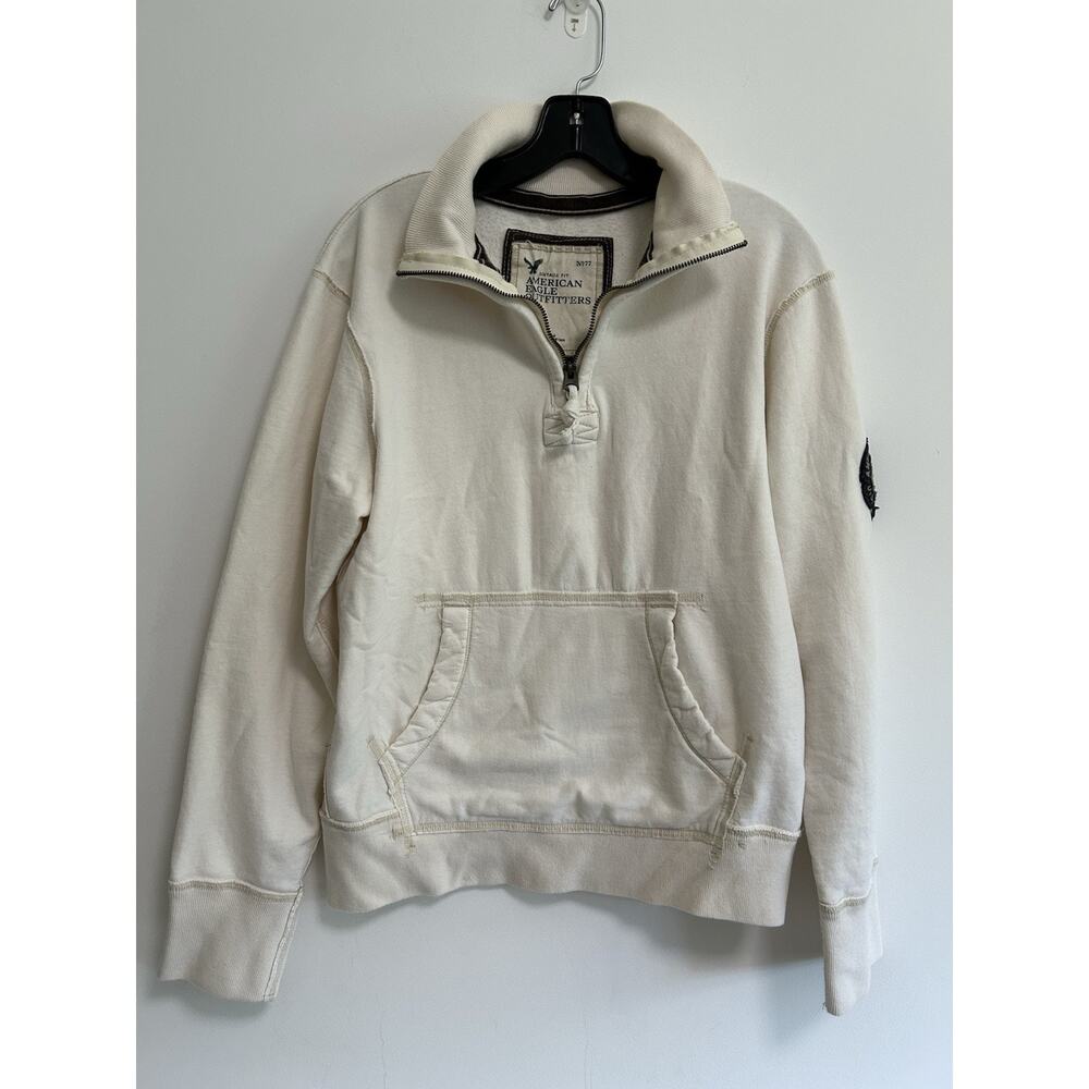 Y2K American Eagle Sweatshirt 1/4 Zip Pullover Off White Mens Medium Thick Patch